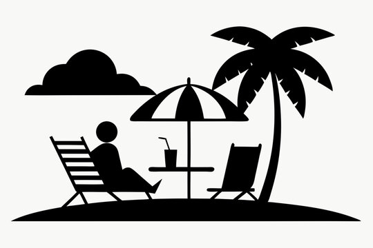 recommend clip art: Beach chair silhouette with sun, silhouette of man, woman, umbrella and palm vector illustration.