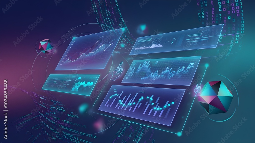 Poster futuristic data visualization with interactive graphs and 3d elements, showcasing trends and insight