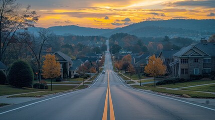 A serene autumn evening overlooking a winding road through a peaceful neighborhood at sunset. Generative AI
