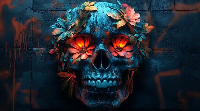 A skull covered in graffiti-style leaves and flowers, vibrant neon hues like electric blue, lime green, and orange intertwining with the skull&rsquo;s surface. The background features a dark,