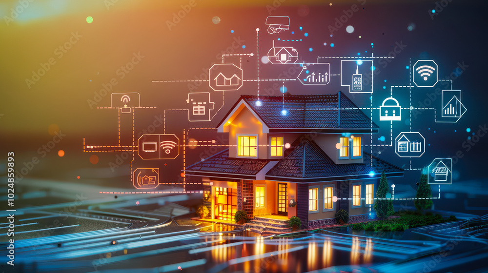 Poster modern smart home security system concept - abstract digital interface with connected icons displaye