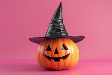 Smiling pumpkin with witch hat on pink background