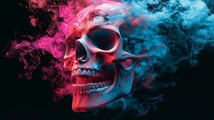 A skull disintegrating into a swirling vortex of bright graffiti colors, with neon hues like cyan, pink, and red blending together in chaotic patterns. The vortex pulls at the skull’s features,