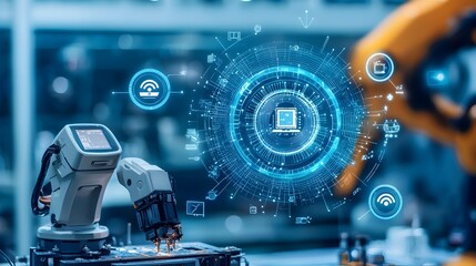 IoT sensors on a production line ensuring control and monitoring the speed of manufacturing processes  Futuristic digital display showing data analytics and automation for industrial efficiency