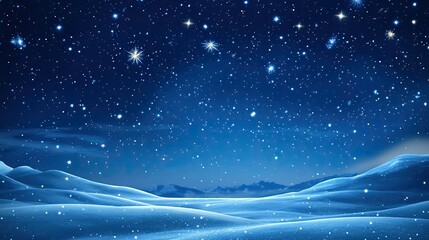 Winter night sky full of stars over a snow-covered landscape, open sky for copy space