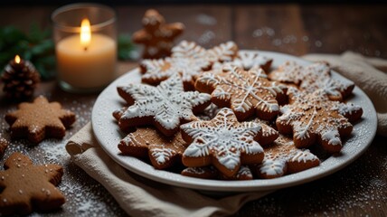 Fototapeta premium A plate of homemade gingerbread cookies decorated with white frosting in the shape of snowflakes. There is a lit candle and a pine cone on the table next to the cookies.