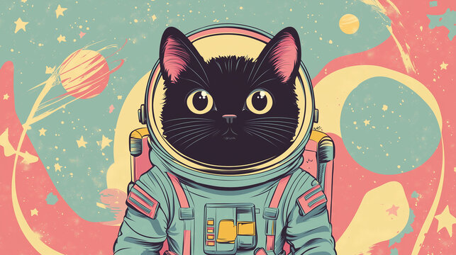 Whimsical Black Cat Astronaut in Retro Cosmic Design