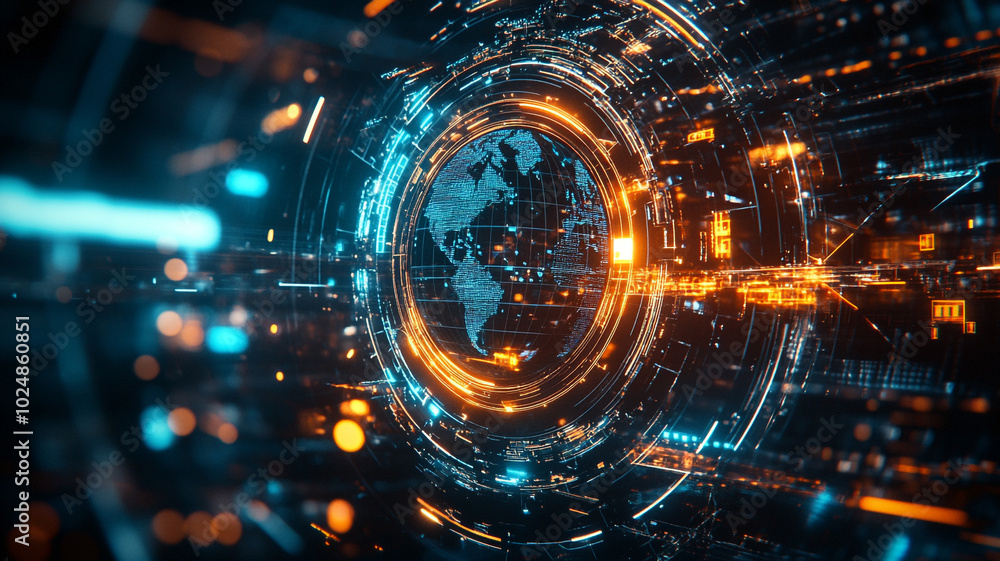 Poster abstract digital representation of the earth amidst glowing networks and data layers