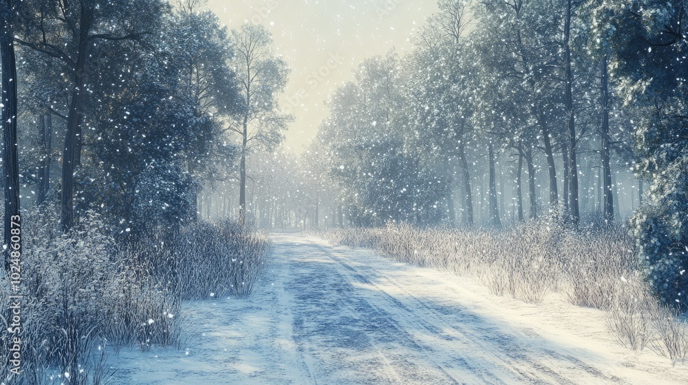 Poster winter scene of an empty snowy road through a forest with space for copy