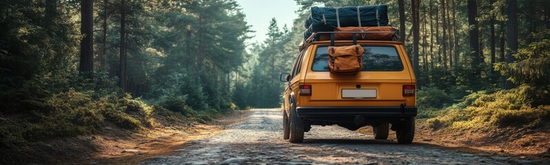 Yellow van with luggage on top of it driving down a dirt road