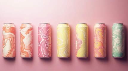 Row of colorful aluminum cans on a pink background.
