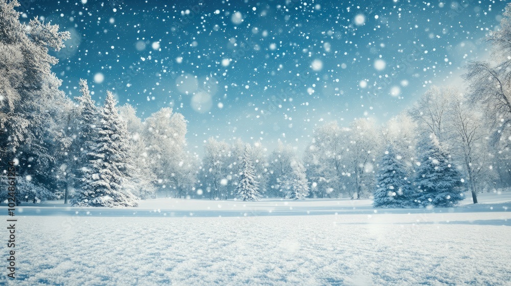 Poster winter snowstorm in an empty park with snow-covered trees and space for copy in the sky