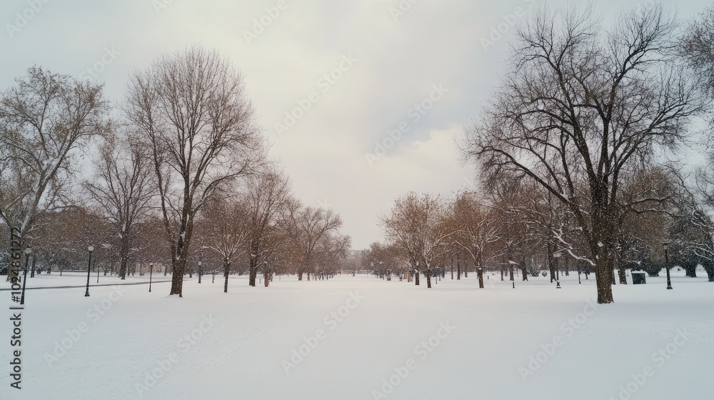 Poster winter snowstorm in an empty park with snow-covered trees and space for copy in the sky