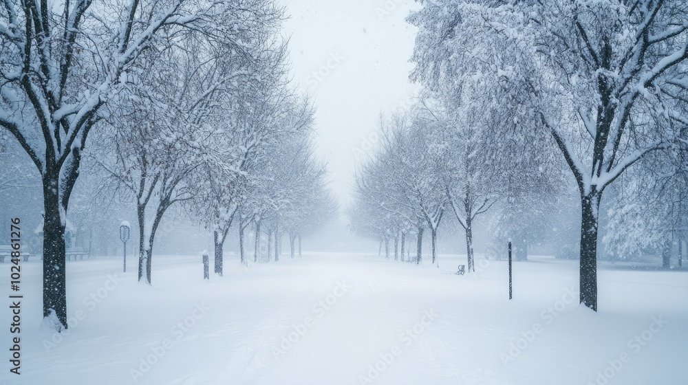 Poster winter snowstorm in an empty park with snow-covered trees and space for copy in the sky