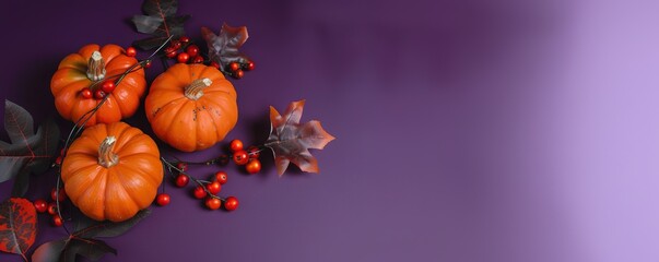 Orange pumpkins and red berries on purple background