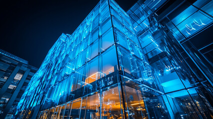 Modern glass building illuminated in vibrant blue light at night in an urban setting