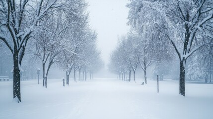 Obraz premium Winter snowstorm in an empty park with snow-covered trees and space for copy in the sky