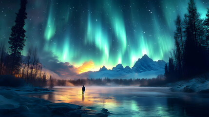 A serene landscape featuring the aurora borealis over mountains.
