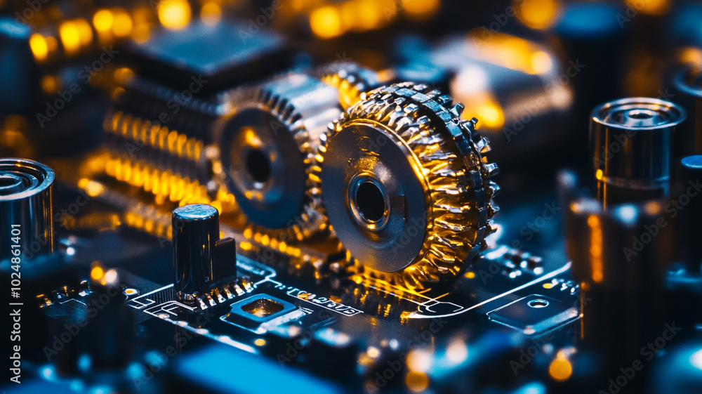 Aufkleber a close-up view of intricate gears and circuits on a computer motherboard lit by warm glow