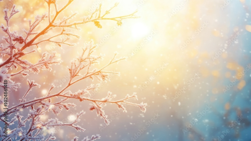 Poster winter sun shining through frosty tree branches with open sky for text or design