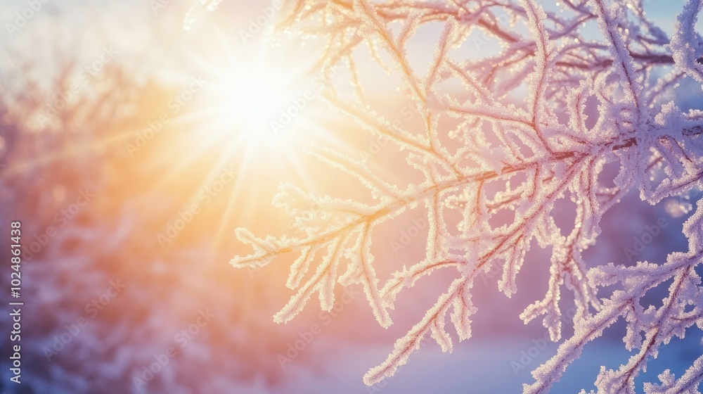 Poster winter sun shining through frosty tree branches with open sky for text or design