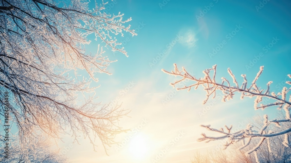 Poster winter sun shining through frosty tree branches with open sky for text or design