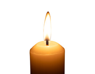 A single burning candle flame or light glowing on a big white candle isolated on white background with clipping path