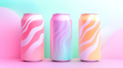 Three colorful aluminum cans with wavy designs in pink, blue, and yellow on pastel pink and green background.