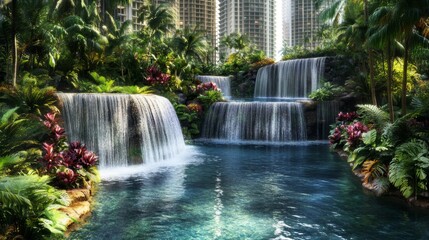 Naklejka premium Lush Tropical Waterfalls in Urban Setting