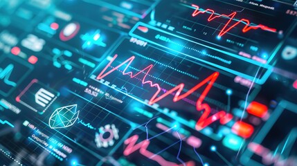 Close-up digital screen showing line graph with upward and downward trends, symbolizing cancer research progress and setbacks, medical charts and scientific symbols in background.