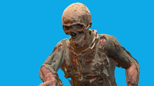 Killer Skeleton Monster Grabs and Throws Blue Screen Horror Halloween 3D Animations Rendering CGI