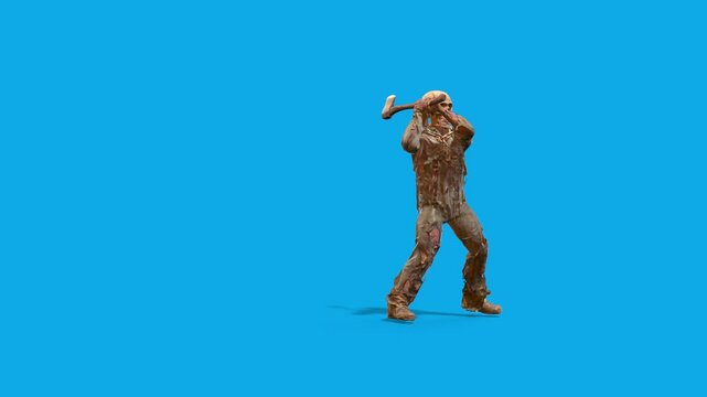 Killer Skeleton Monster Strikes with Axe Attacks Side Blue Screen Horror Halloween 3D Animations Rendering CGI