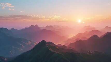 Obraz premium A picturesque mountain range bathed in the warm glow of a setting sun.