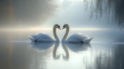 Fototapeta premium Couple of swans swimming on a calm lake An elegant pair of swans swimming in sync on a smooth lake surrounded by lush vegetation.