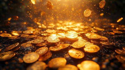 Shiny Gold Coins Scattering in Dramatic Light - Made with Generative AI