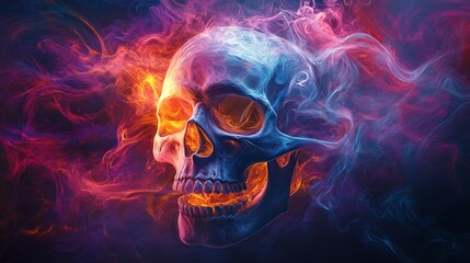 A skull fading into a swirl of neon-colored graffiti smoke, its form blurred and distorted by the vibrant hues of purple, blue, and orange. The smoke creates a sense of motion and fluidity,