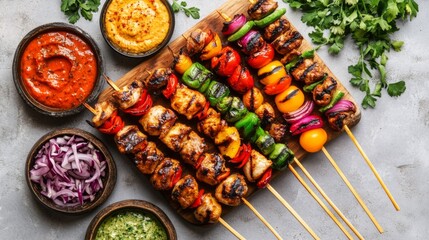 Grilled Skewers with Dipping Sauces and Fresh Vegetables