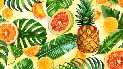 A seamless pattern of tropical fruit and leaves on a yellow background.