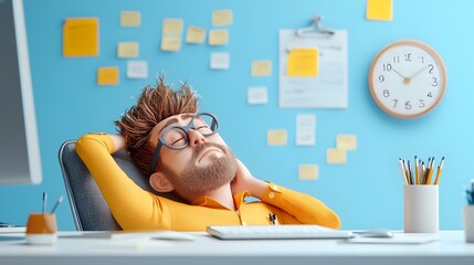 Overworked Clay Office Worker Leans Back in Chair Showing Eye Strain and Fatigue from Prolonged Computer Use in a Busy Digital Workplace