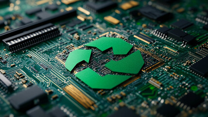 Fototapeta premium Circuit board featuring a green recycling symbol integrated into the design