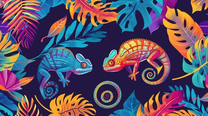 Fototapeta premium Two vibrant chameleons surrounded by tropical leaves in a bright, colorful pattern.
