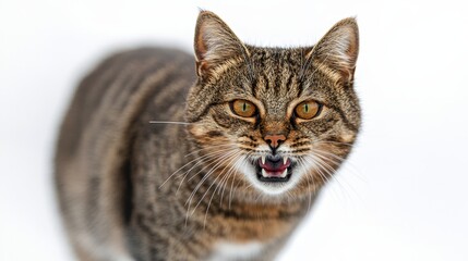 Angry, Hissing Tabby Cat with Bared Teeth on a White Background, Ready to Attack or Defend.