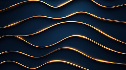 Obraz premium Abstract background featuring elegant curved golden lines on a dark blue surface, creating a luxurious wave-like pattern with a sense of light reflection and depth.