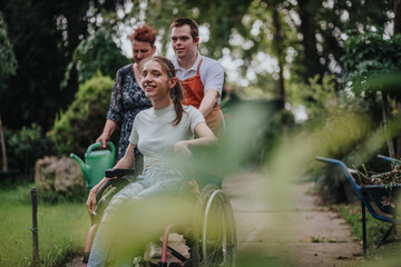 A happy girl in a wheelchair enjoys a sunny day outdoors with a supportive family and friends,...