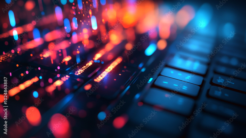 Poster abstract colorful digital data flowing over a keyboard in a modern workspace at night