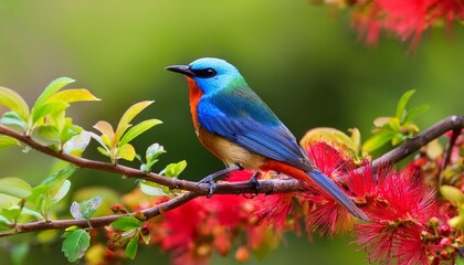 colorful songbird with vibrant feathers perched on a branch with red blossoms in a lush green background ideal for nature and wildlife themes