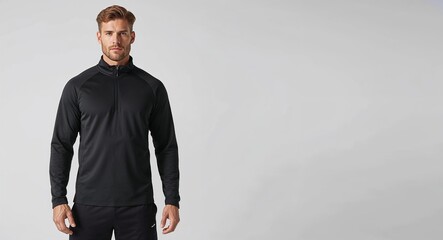 Black athletic pullover jacket with quarter zip front on plain white background
