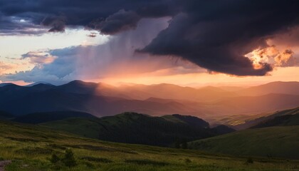 rain clouds over the mountains at sunset