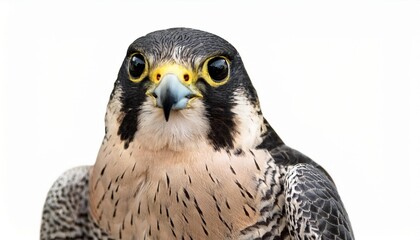 Obraz premium close up of a peregrine falcon s intense gaze on white background