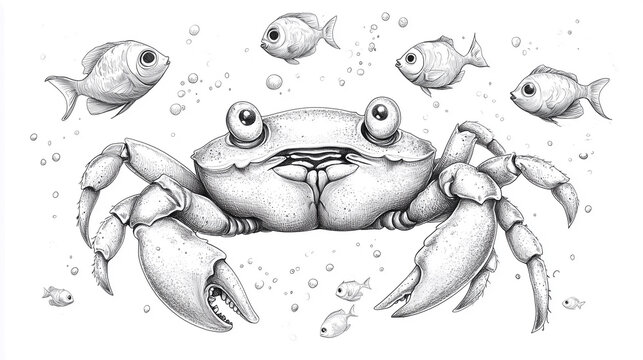 recommend clip art: Stylized cartoon crab among small fish on a white background. Sketch for coloring.
                    